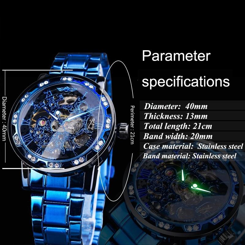 Men Skeleton Diamond Mechanical Watch - Luminous Pointer - Black Belt White Face Blue Word
