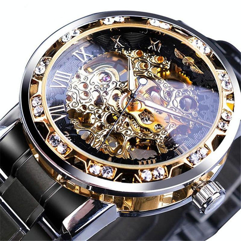 Men Skeleton Diamond Mechanical Watch - Luminous Pointer - Black Belt White Face Blue Word