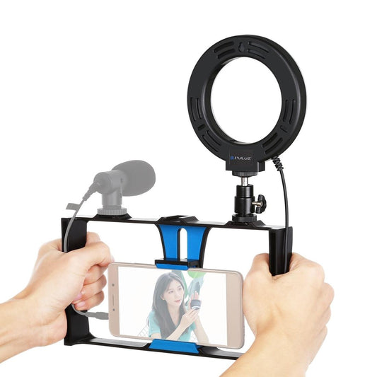 Vlogging Live Broadcast Smartphone Video Rig With 4.7 Inch Ring Led Selfie Light Kit And Cold Shoe Tripod Head - Blue