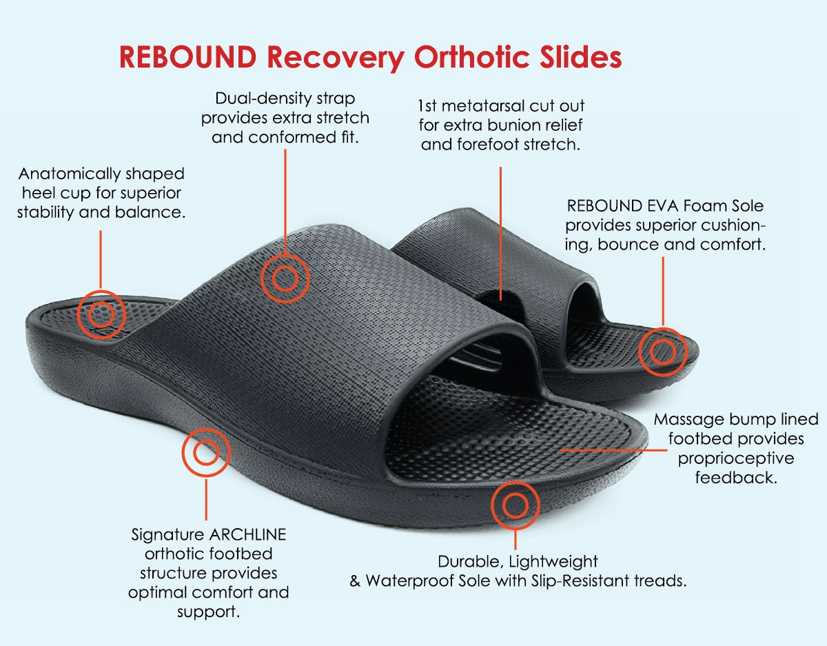 Archline Rebound Orthotic Slides Flip Flop Thongs Slip On Arch Support - Black - Euro 38