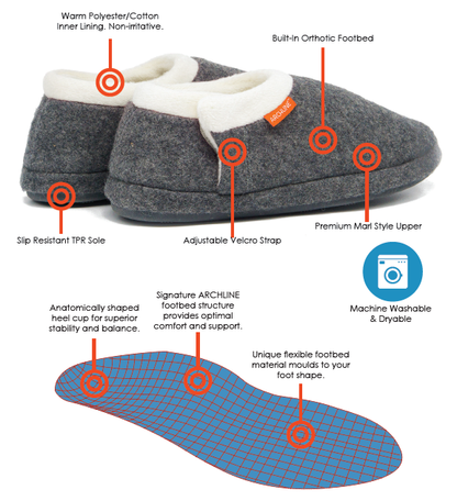 ARCHLINE Orthotic Slippers CLOSED Arch Scuffs Orthopedic Moccasins Shoes in Grey Marle - EUR 41