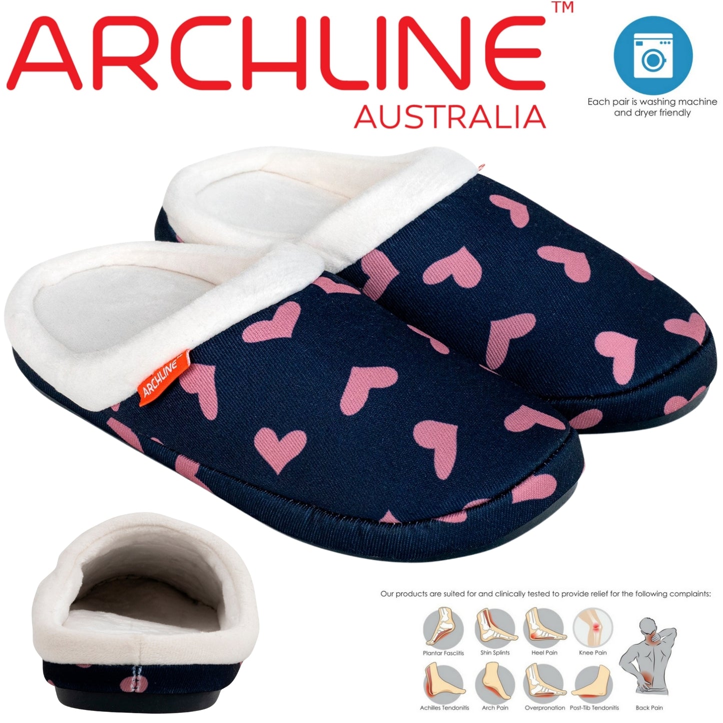 ARCHLINE Orthotic Slippers Slip On Scuffs Pain Relief Moccasins - Navy with Hearts - EUR 41 (Womens US 10)