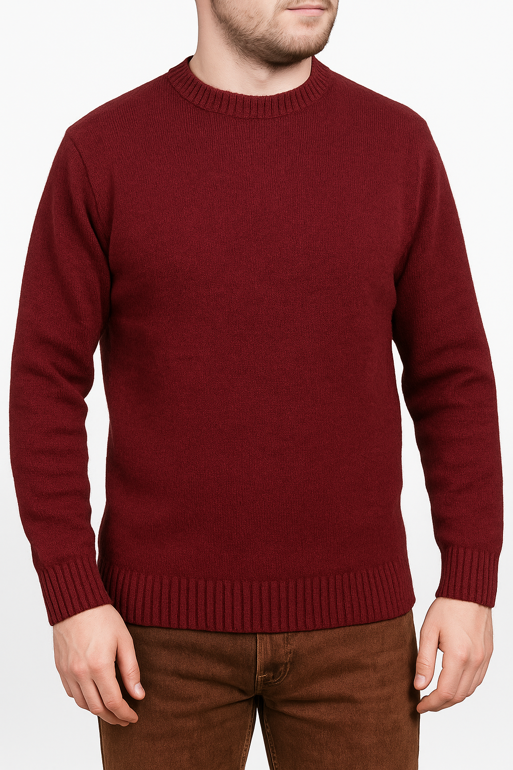100% SHETLAND RAGG WOOL CREW Round Neck Knit JUMPER Pullover Mens Sweater Knitted - Burgundy - M