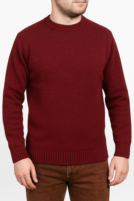 100% SHETLAND RAGG WOOL CREW Round Neck Knit JUMPER Pullover Mens Sweater Knitted - Burgundy - XXL