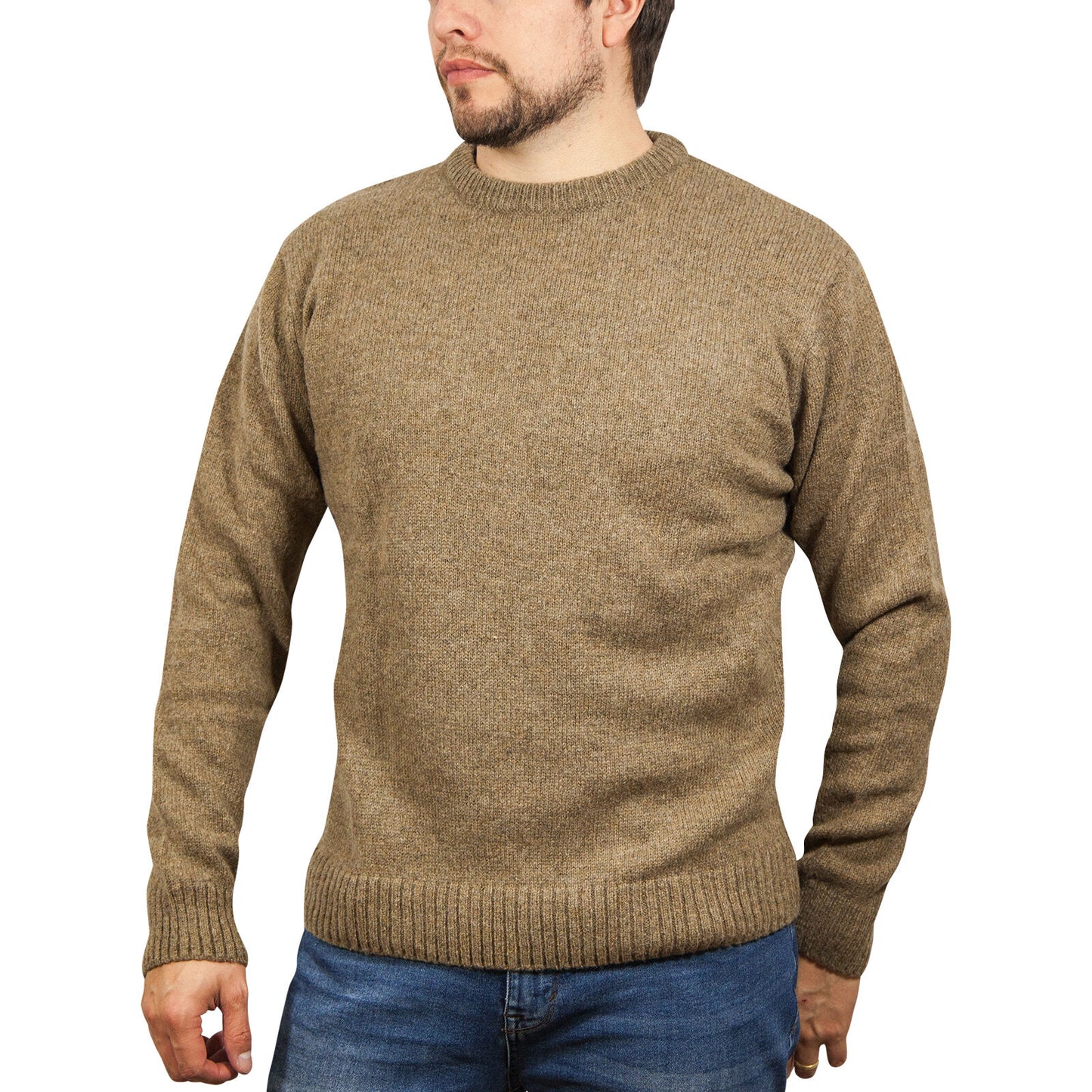 100% SHETLAND RAGG WOOL CREW Round Neck Knit JUMPER Pullover Mens Sweater Knitted - Nutmeg - 3XL