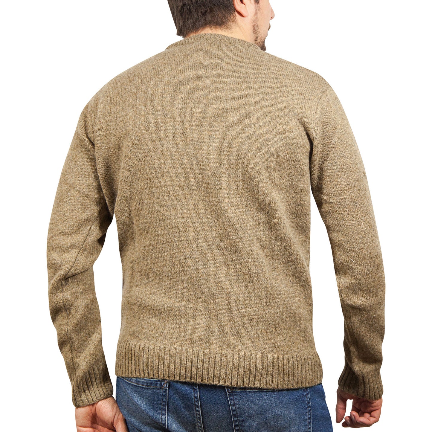 100% SHETLAND RAGG WOOL CREW Round Neck Knit JUMPER Pullover Mens Sweater Knitted - Nutmeg - 4XL