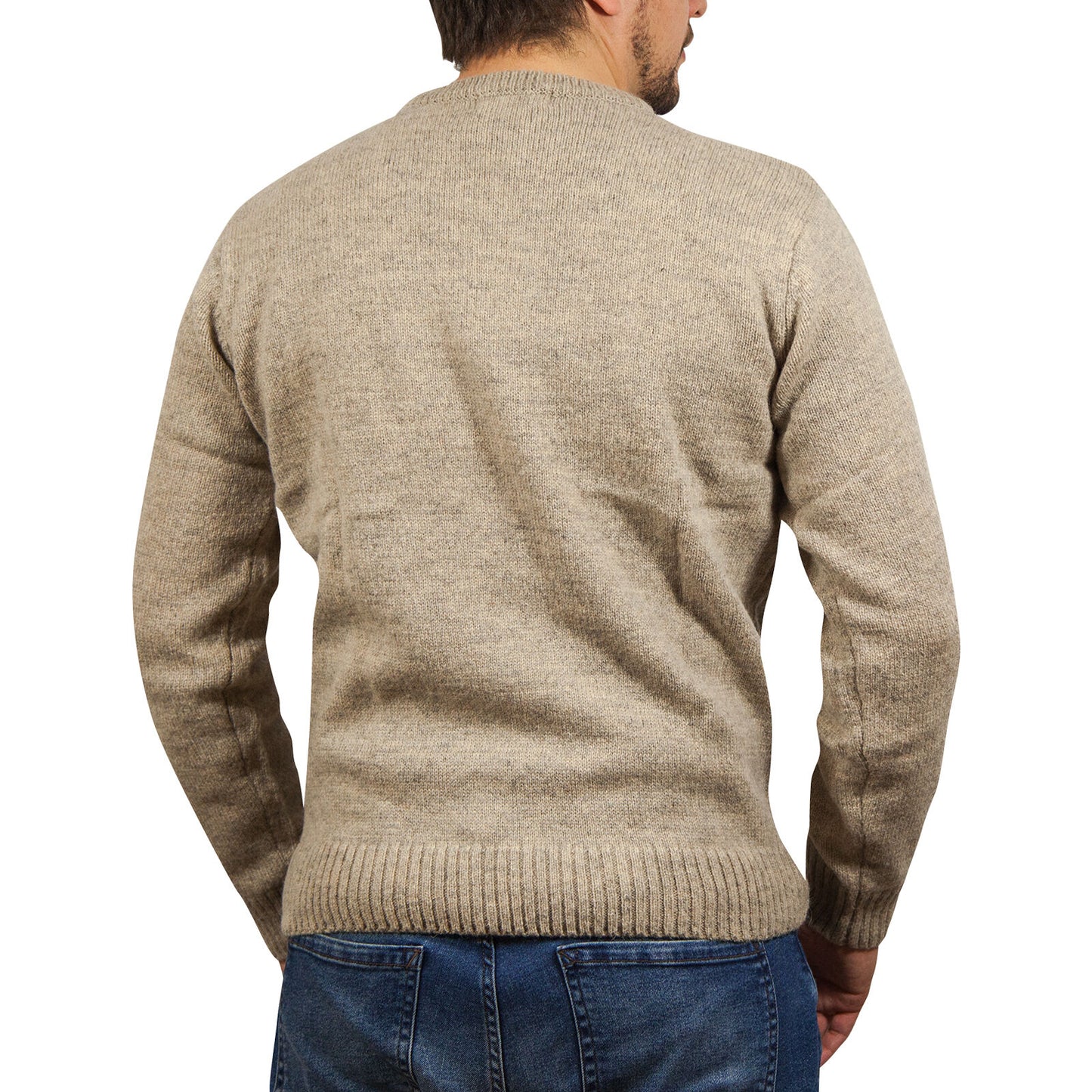 100% SHETLAND RAGG WOOL CREW Round Neck Knit JUMPER Pullover Mens Sweater Knitted - Beige - XL