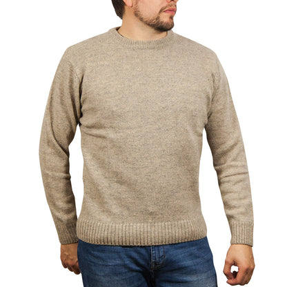 100% SHETLAND RAGG WOOL CREW Round Neck Knit JUMPER Pullover Mens Sweater Knitted - Beige - XXL