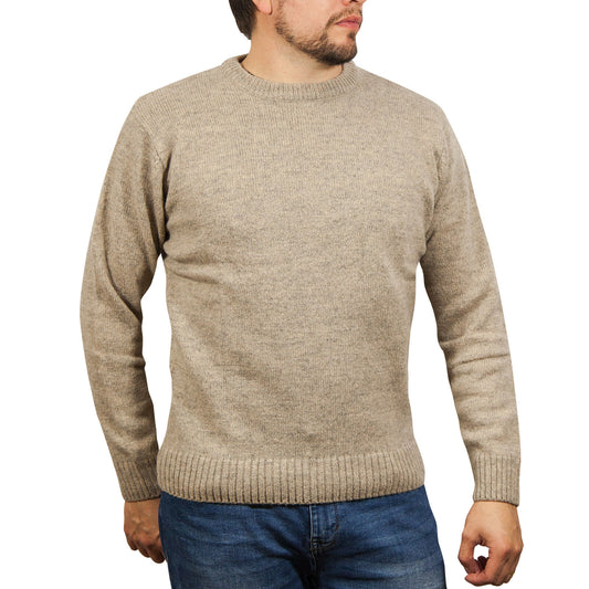 100% SHETLAND RAGG WOOL CREW Round Neck Knit JUMPER Pullover Mens Sweater Knitted - Beige - XXL