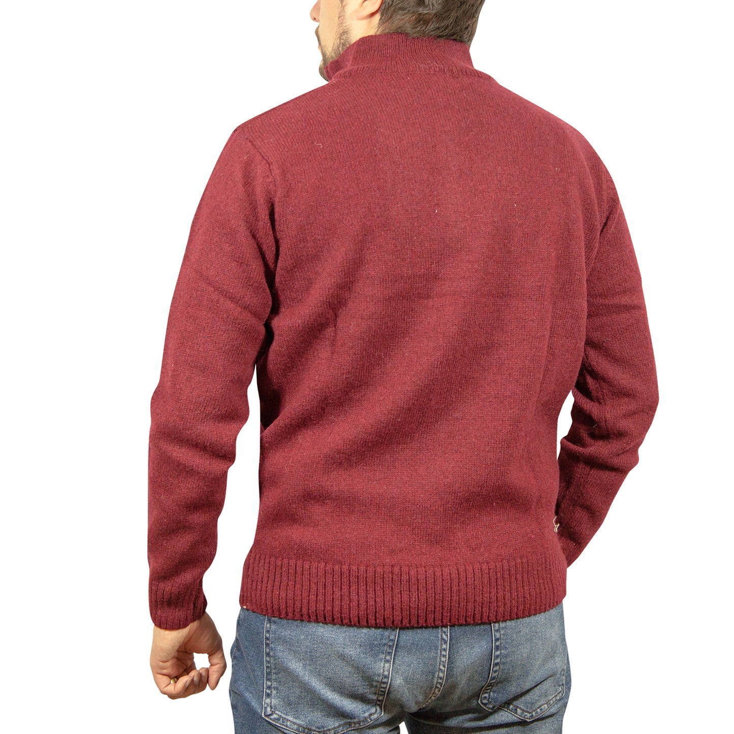 100% SHETLAND RAGG WOOL Half Zip Up Knit JUMPER Pullover Mens Sweater Knitted - Burgundy - L
