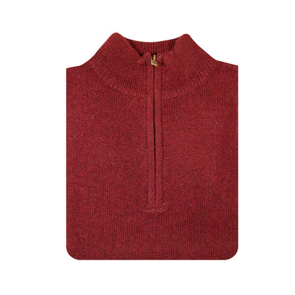 100% SHETLAND RAGG WOOL Half Zip Up Knit JUMPER Pullover Mens Sweater Knitted - Burgundy - L