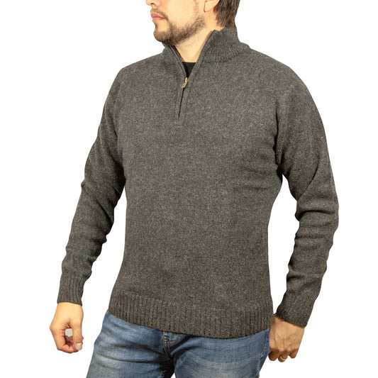100% SHETLAND RAGG WOOL Half Zip Up Knit JUMPER Pullover Mens Sweater Knitted - Charcoal - 4XL