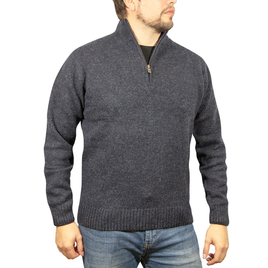 100% SHETLAND RAGG WOOL Half Zip Up Knit JUMPER Pullover Mens Sweater Knitted - Denim Blue (45) - 3XL - 6XL
