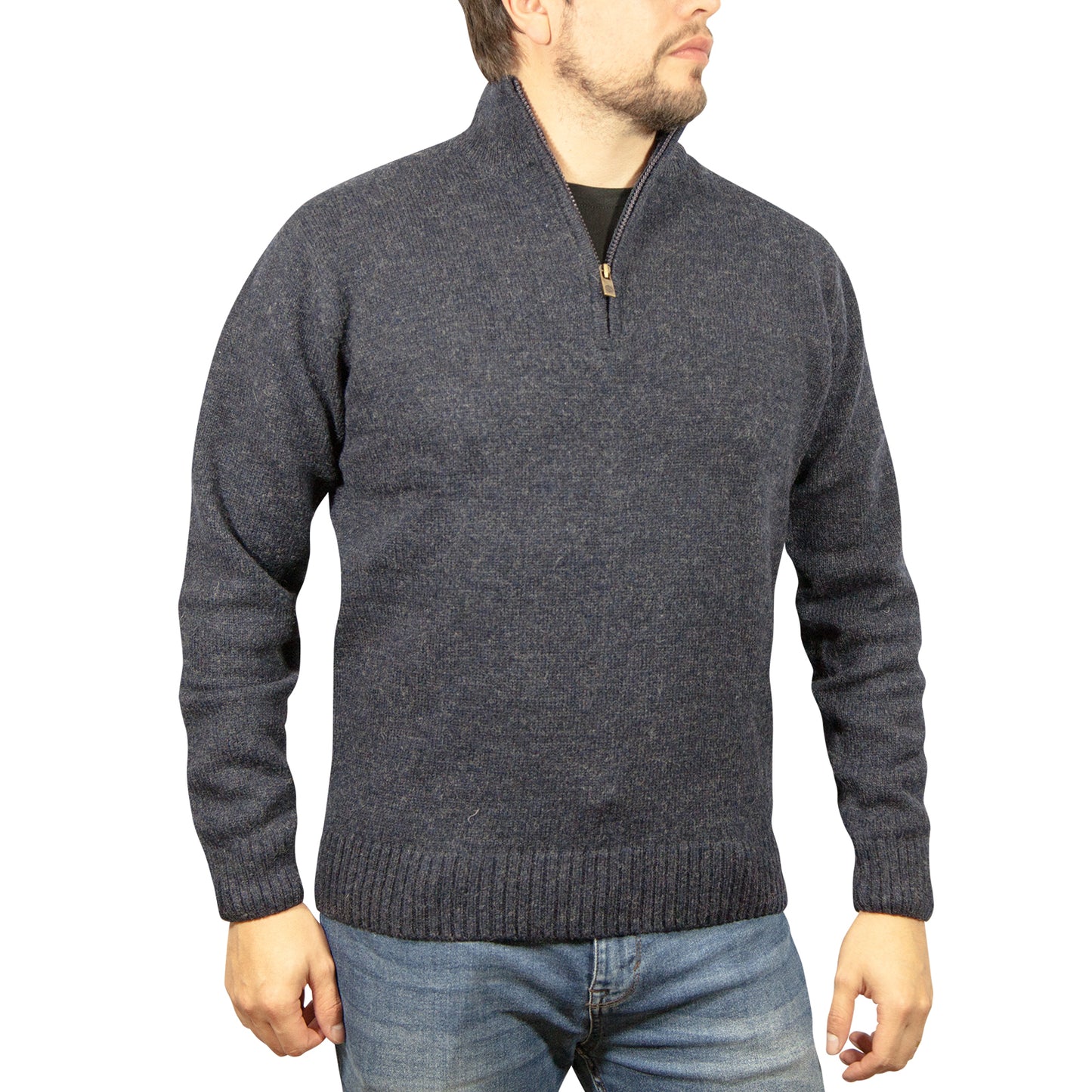 100% SHETLAND RAGG WOOL Half Zip Up Knit JUMPER Pullover Mens Sweater Knitted - Denim Blue (45) - 3XL - M