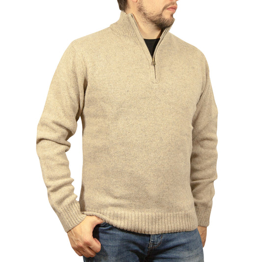 100% SHETLAND RAGG WOOL Half Zip Up Knit JUMPER Pullover Mens Sweater Knitted - Oat Marle - XXL