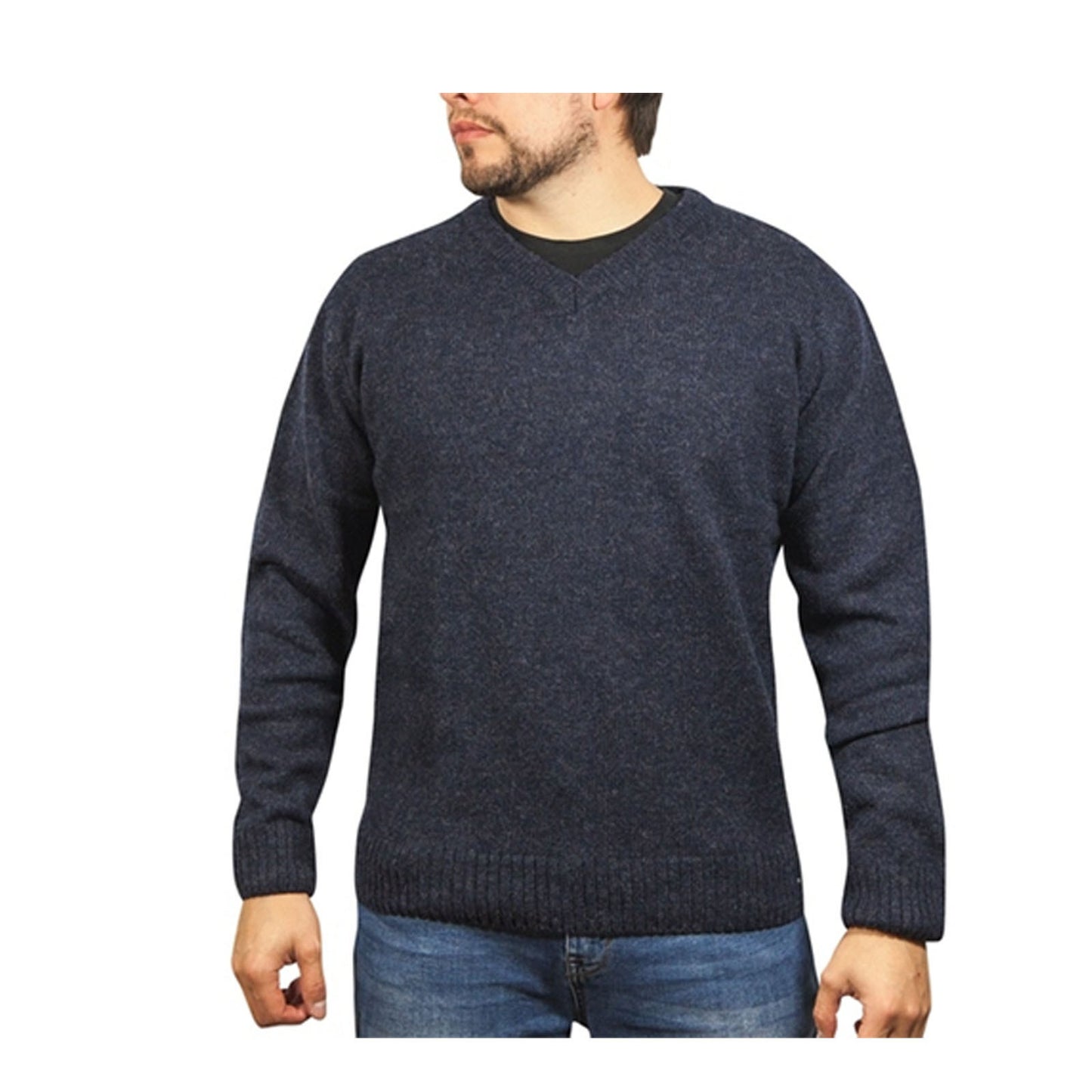 100% Shetland Ragg Wool V Neck Knit Jumper Pullover Mens Sweater Knitted - Navy - XXL