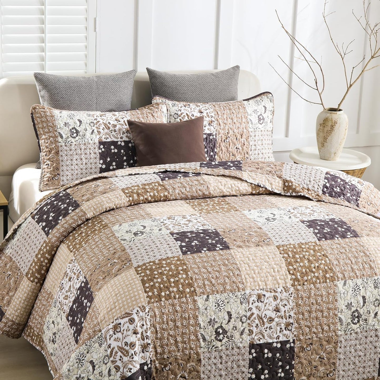 Rustic Countryside Daisy Quilted 3 Pc Bedspread & Pillow Cover Set