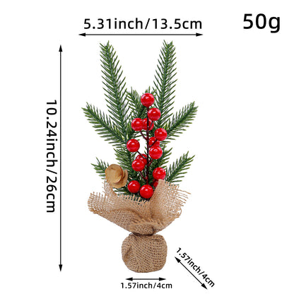 Mini Christmas Pine Tree Decoration - 10.24 Inches Tall with Red Berries and Burlap Base  (4 trees)