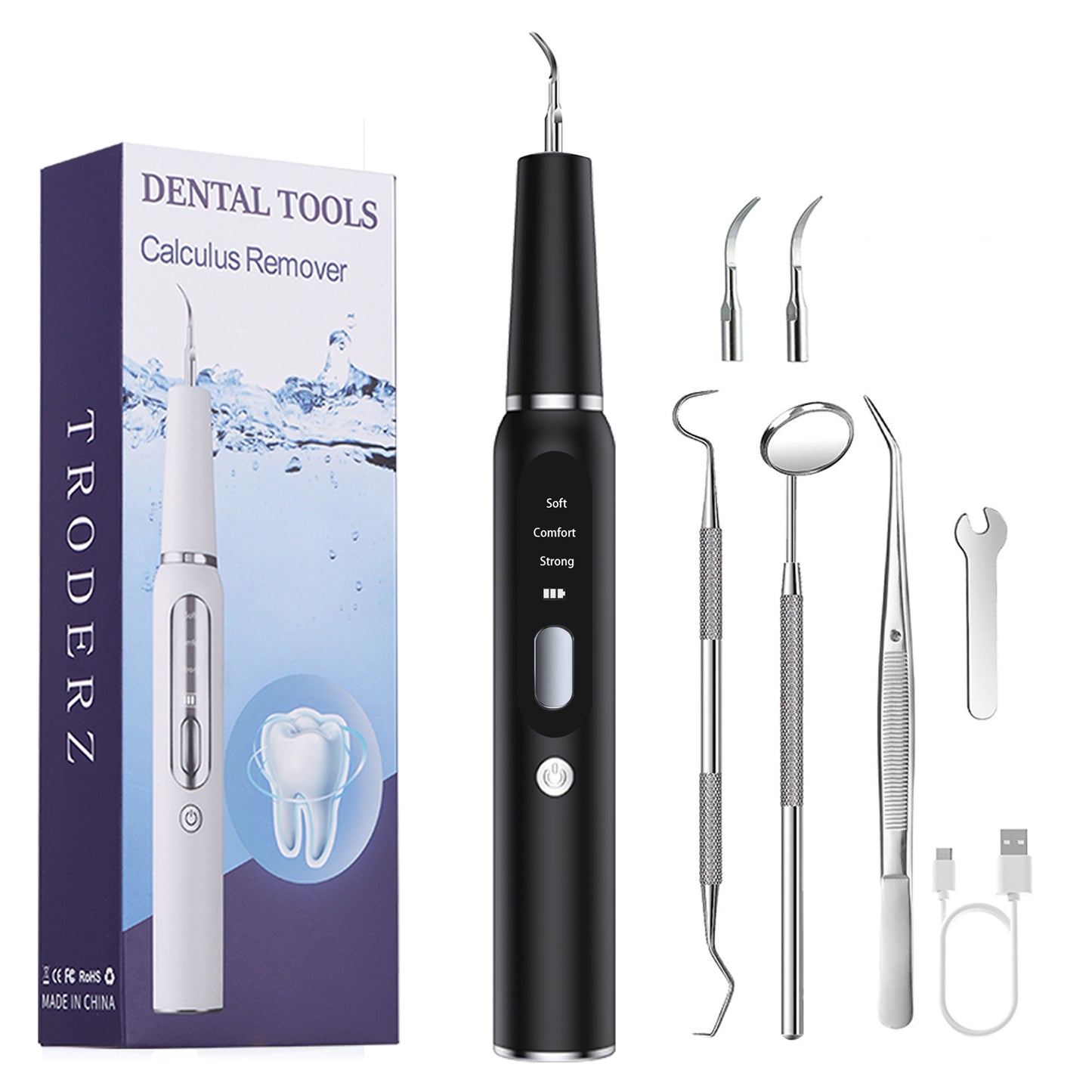 Black Portable Ultrasonic Dental Cleaner, Home Use Plaque Remover, Sonic Tooth Stain & Tartar Cleaning Tool