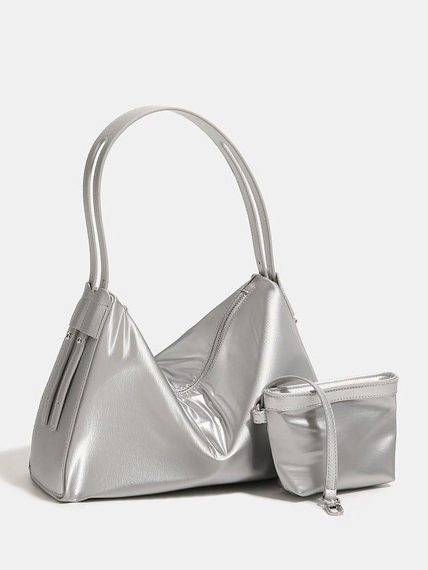 Silver Luminous Silver Nylon Underarm Shoulder Bag - Convertible Crossbody Hobo with Pouch - Lightweight & Modern