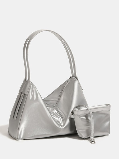 Silver Luminous Silver Nylon Underarm Shoulder Bag - Convertible Crossbody Hobo with Pouch - Lightweight & Modern
