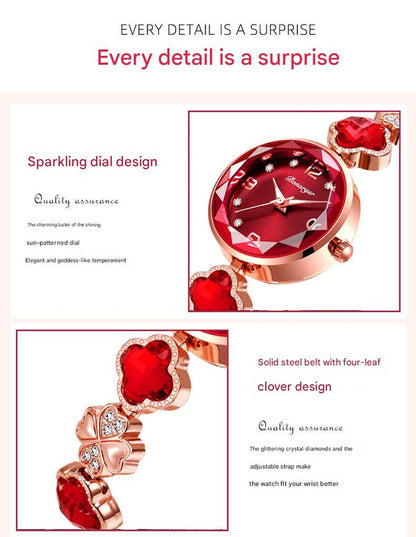 White Women's Four-Leaf Clover Quartz Watch with Red Dial and Crystal Accents