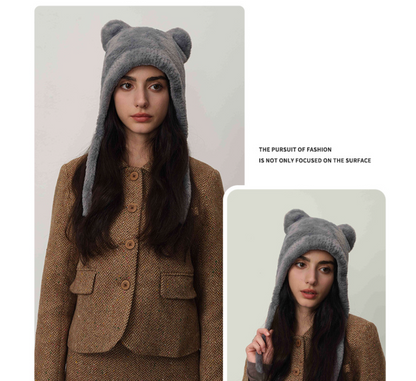 Light gray Fluffy Cat Ear Winter Earflap Hat Women Knitted Warm Cold Weather Cap