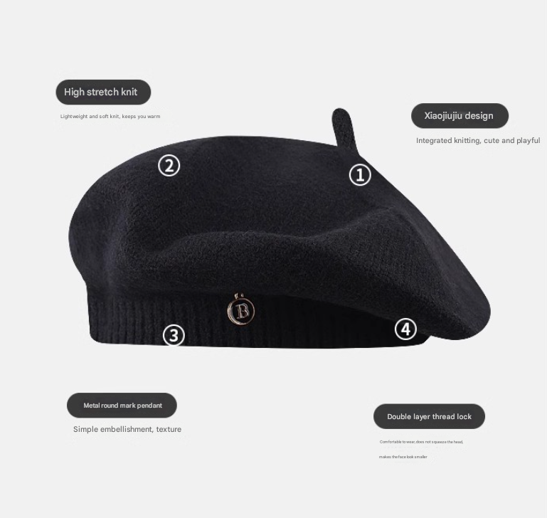 Black Vintage Inspired Knitted Beret - Stretchy & Comfortable Wool Blend Cap