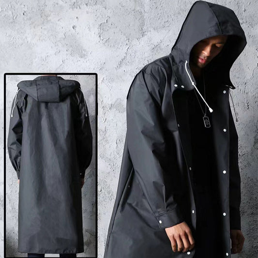 Stylish Black Trench Raincoat - Extra Long, Hooded, for Hiking & Fishing - L