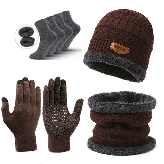 Brown Men's 5-Piece Winter Essentials Set -  Lined Beanie Hat, Neck Warmer, Touchscreen Gloves & 2 Pairs Thermal Socks