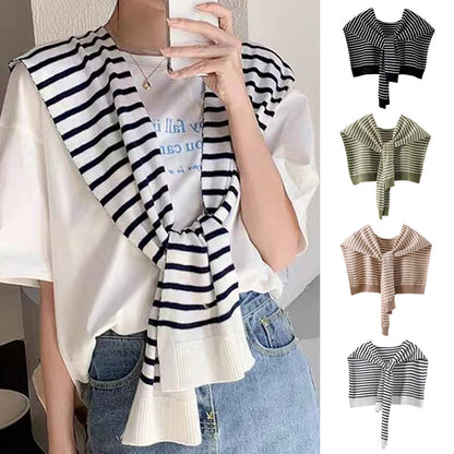 Khaki Chic Striped Knit Tie-Front Shawl - Lightweight Versatile Layering Capelet for Women