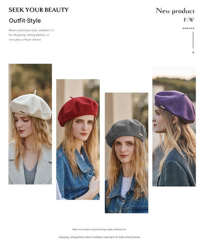 Green Elegant Wool Beret - Classic Warm Thick British Style Hat for Autumn & Winter