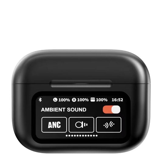 Black AuraTune Pro: TWS Earbuds with Interactive LCD Case, ANC+ENC Noise Cancellation, AI Translation & EQ Modes