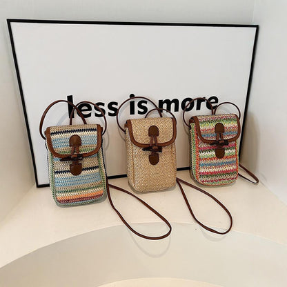 Blue And Khaki Boho Chic Woven Straw Crossbody Bag - Colourful Striped Mini Phone Pouch with Toggle Closure