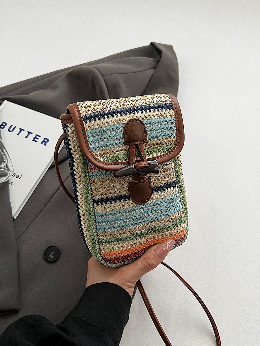 Blue And Khaki Boho Chic Woven Straw Crossbody Bag - Colourful Striped Mini Phone Pouch with Toggle Closure
