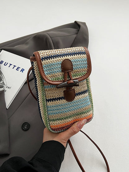 Blue And Khaki Boho Chic Woven Straw Crossbody Bag - Colourful Striped Mini Phone Pouch with Toggle Closure