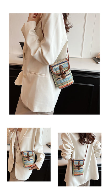 Blue And Khaki Boho Chic Woven Straw Crossbody Bag - Colourful Striped Mini Phone Pouch with Toggle Closure