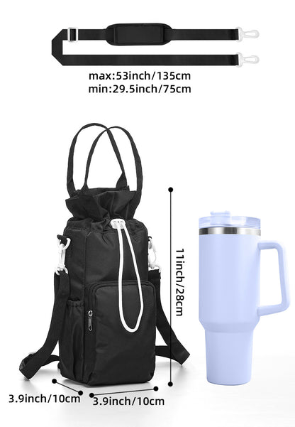 Black Insulated Tumbler Carrier Bag - Crossbody Water Bottle Holder with Pockets & Adjustable Strap for Large Cups (Note: cup not included)