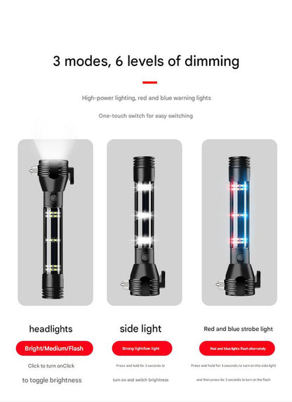 Black 8-in-1 Solar Powered Emergency Car Safety Hammer Flashlight - Window Breaker, Seatbelt Cutter, Alarm & Power Bank