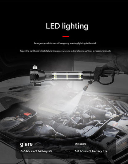 Black 8-in-1 Solar Powered Emergency Car Safety Hammer Flashlight - Window Breaker, Seatbelt Cutter, Alarm & Power Bank