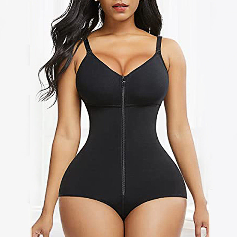 6XL Black Women's Seamless Body-Shaping Onesie with Zipper - Abdomen Slimming and Hip Lifting