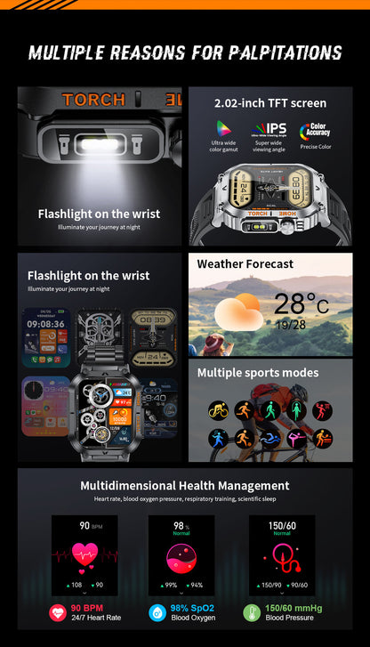Smartwatch with Flashlight, Compass & Wireless Calling - Health & Fitness Tracker(Black silicone with black case)