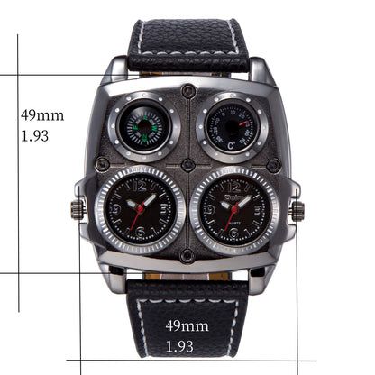 Men's Multi-Dial Sports Watch - Dual Time Zone, Compass, Thermometer, Luminous Hands(Pure black)