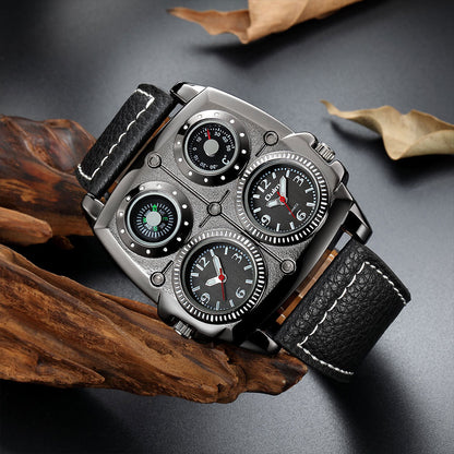 Men's Multi-Dial Sports Watch - Dual Time Zone, Compass, Thermometer, Luminous Hands(Brown)
