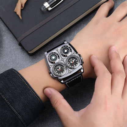Men's Multi-Dial Sports Watch - Dual Time Zone, Compass, Thermometer, Luminous Hands(Black and white)