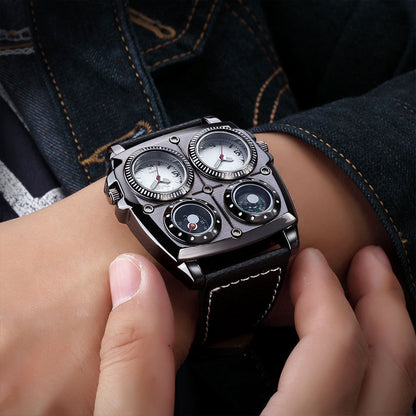Men's Multi-Dial Sports Watch - Dual Time Zone, Compass, Thermometer, Luminous Hands(Black and white)