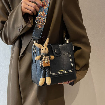 Vintage Style PU Leather Bucket Bag with Wide Patterned Strap & Optional Bunny Charm(black)