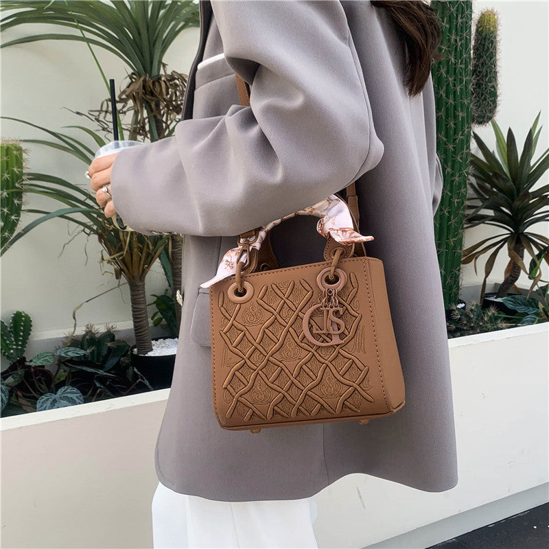 Elegant Embossed PU Leather Handbag with Scarf Detail - Versatile Top-Handle & Crossbody Bag(dark blue)
