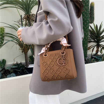 Elegant Embossed PU Leather Handbag with Scarf Detail - Versatile Top-Handle & Crossbody Bag(dark blue)
