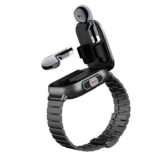 Black Steel Belt 2-in-1 Smartwatch with Built-in Earbuds - 2.01 HD Touchscreen